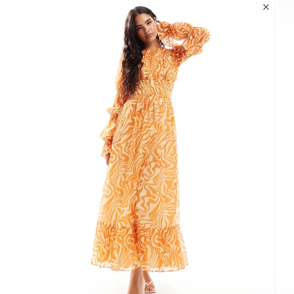 ASOS DESIGN shirred waist blouson tiered sleeve maxi dress in Orange Zebra Print